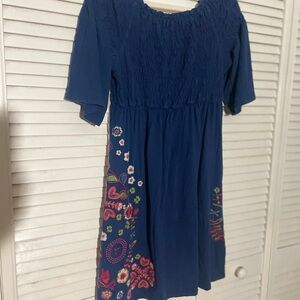 Johnny Was JWLA Navy cotton Dress with Embroidery. Smocked bodice.
